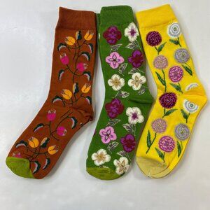 Womens Crew Socks Set 3 Floral Leaf Print Brown Green Yellow Pink Purple Orange
